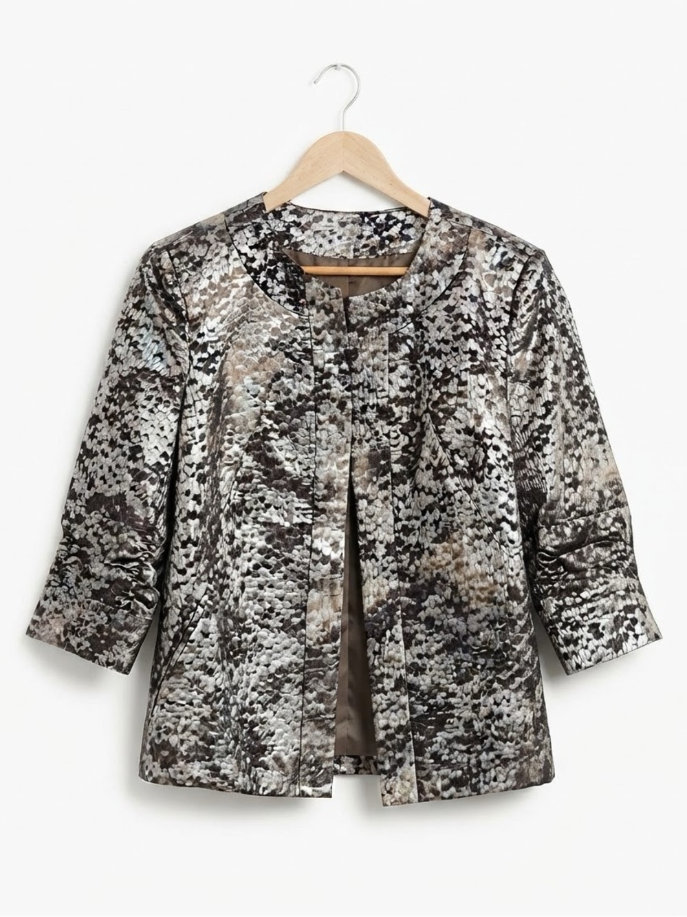 Tanjay Metallic Jacquard Open Front Jacket Blazer Size 12 Gold Snake Print